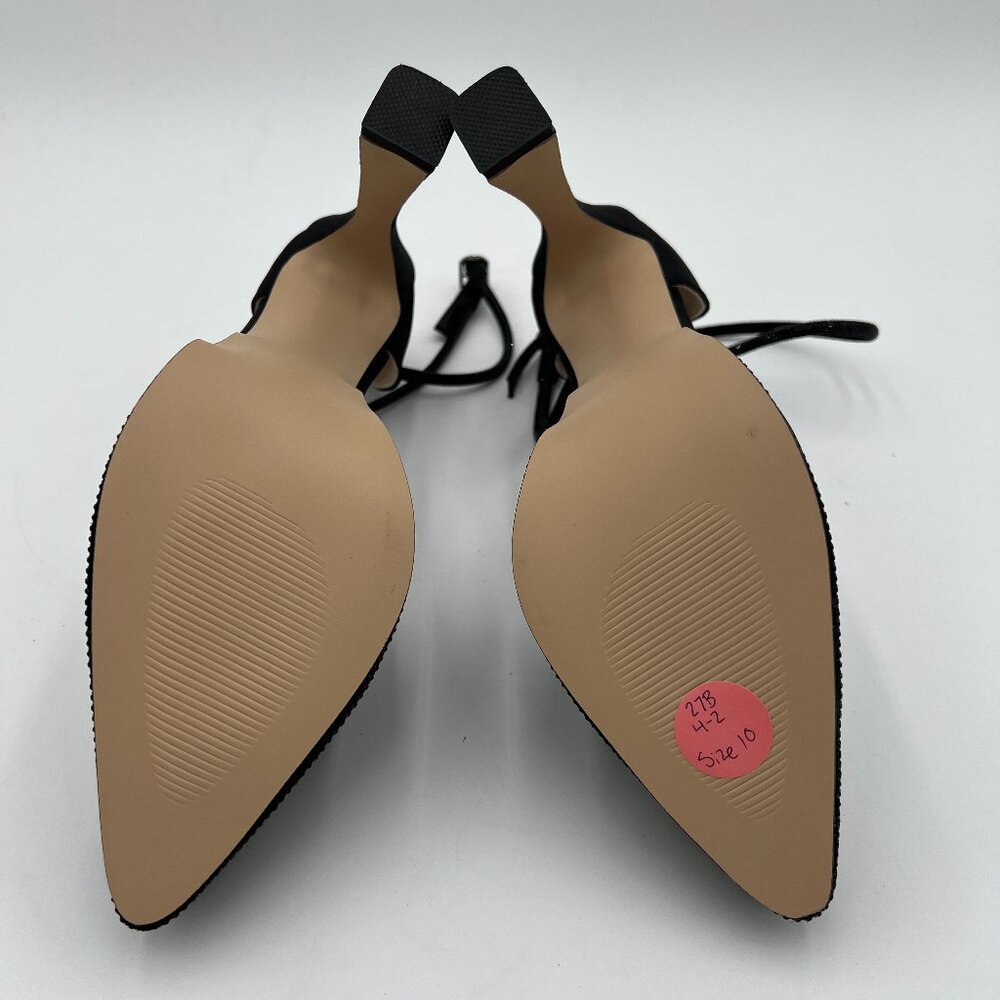 XYD Black Pointed Toe Platforms Crystal Ankle Wrap Strappy Block Heel Satin Shoe - Picture 6 of 7